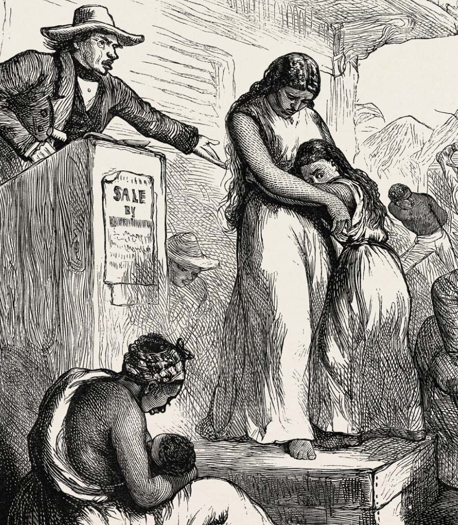 An enslaved woman and her daughter embrace on an auction block before they are sold to enslavers.