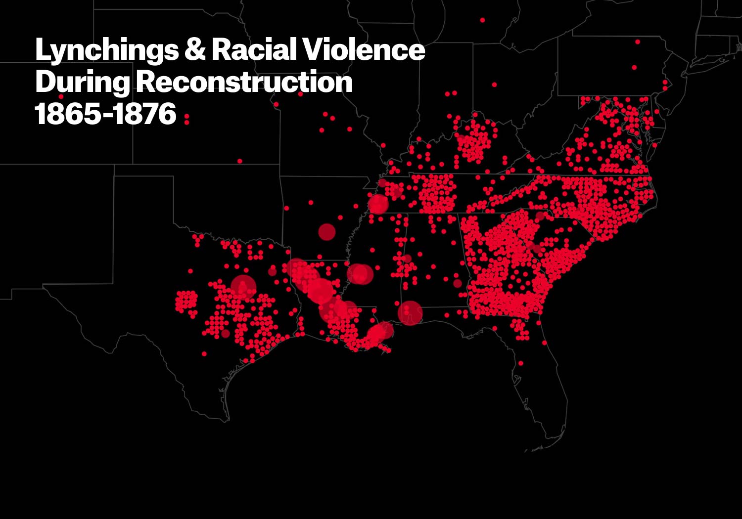 A black map of the U.S. with red dots that represent lynchings and racial violence during Reconstruction, from 1865 to 1876.