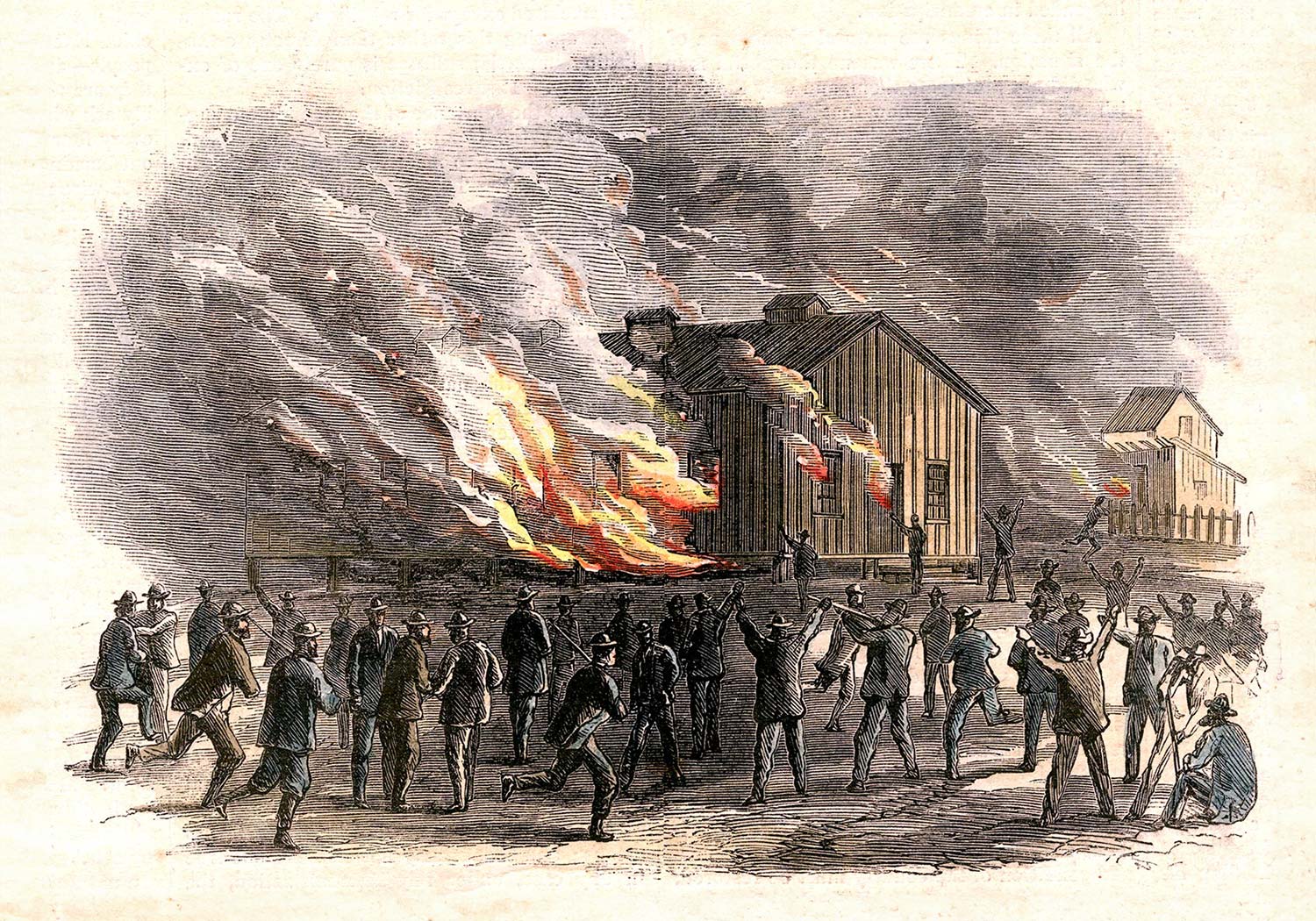 An illustration shows white men celebrating as buildings burn during the Memphis Massacre of 1866.