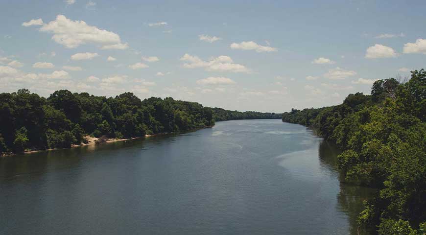 Looking down the Alabama River, with green foliage on both banks.