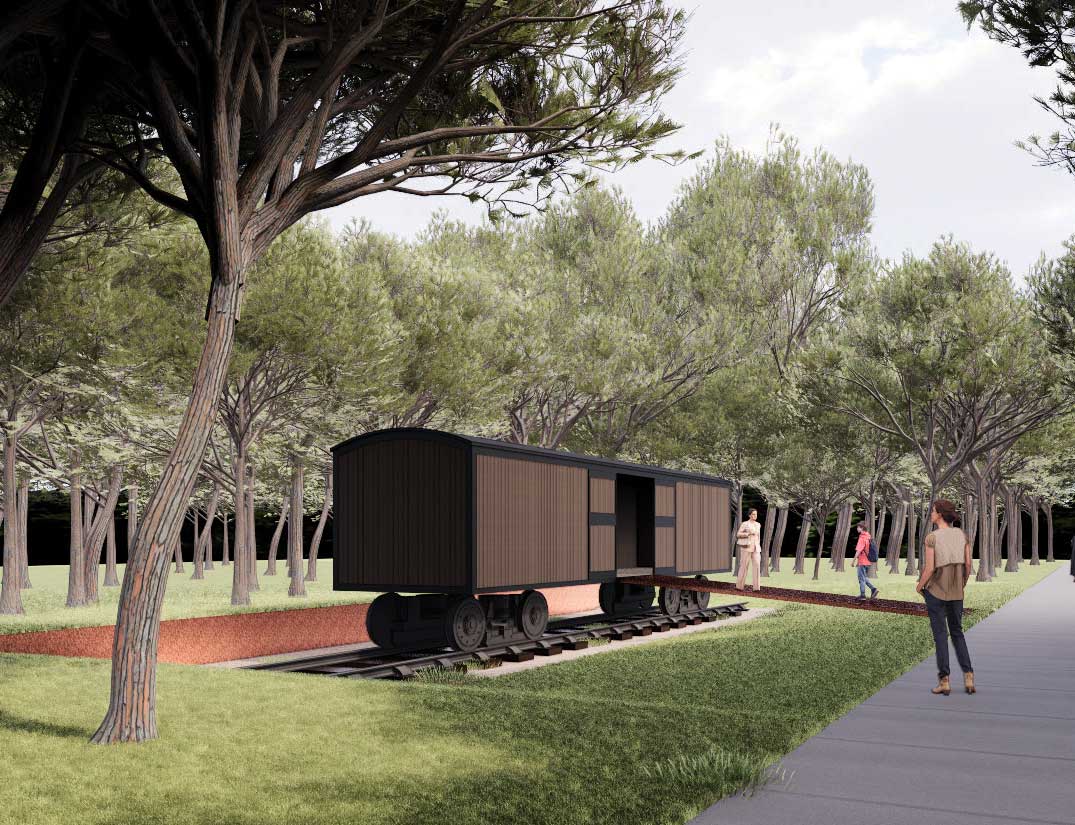 Rendering of a replica train car like the ones in which enslaved Black people were trafficked to Montgomery, Alabama, which visitors can walk into at Freedom Monument Sculpture Park.