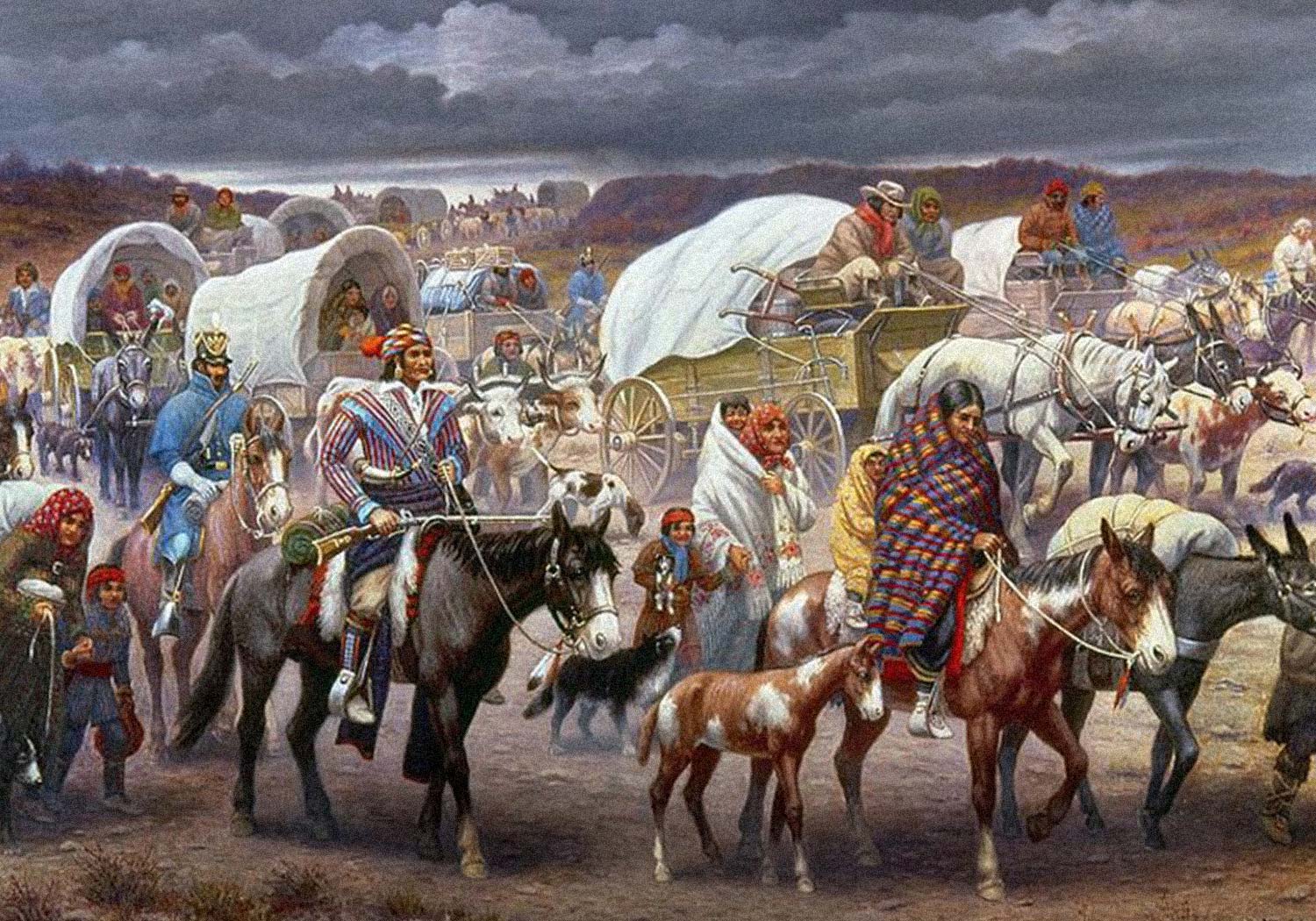 A painting illustrates the Trail of Tears, showing Indigenous people in wagons, on horseback, and on foot, forced to leave their homeland by armed soldiers.