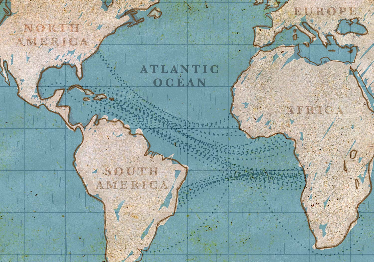 A map with dotted lines representing the routes of slave ships illustrates the Transatlantic Slave Trade.